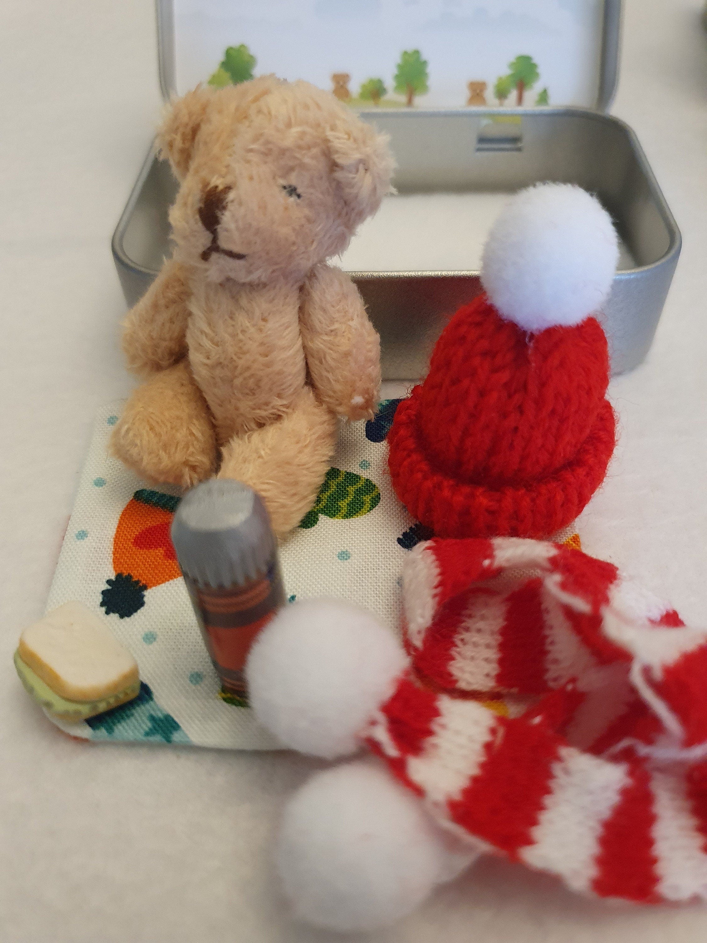 Pocket Teddy Bear Gift Tin: winter walk hiker with flask and sandwich