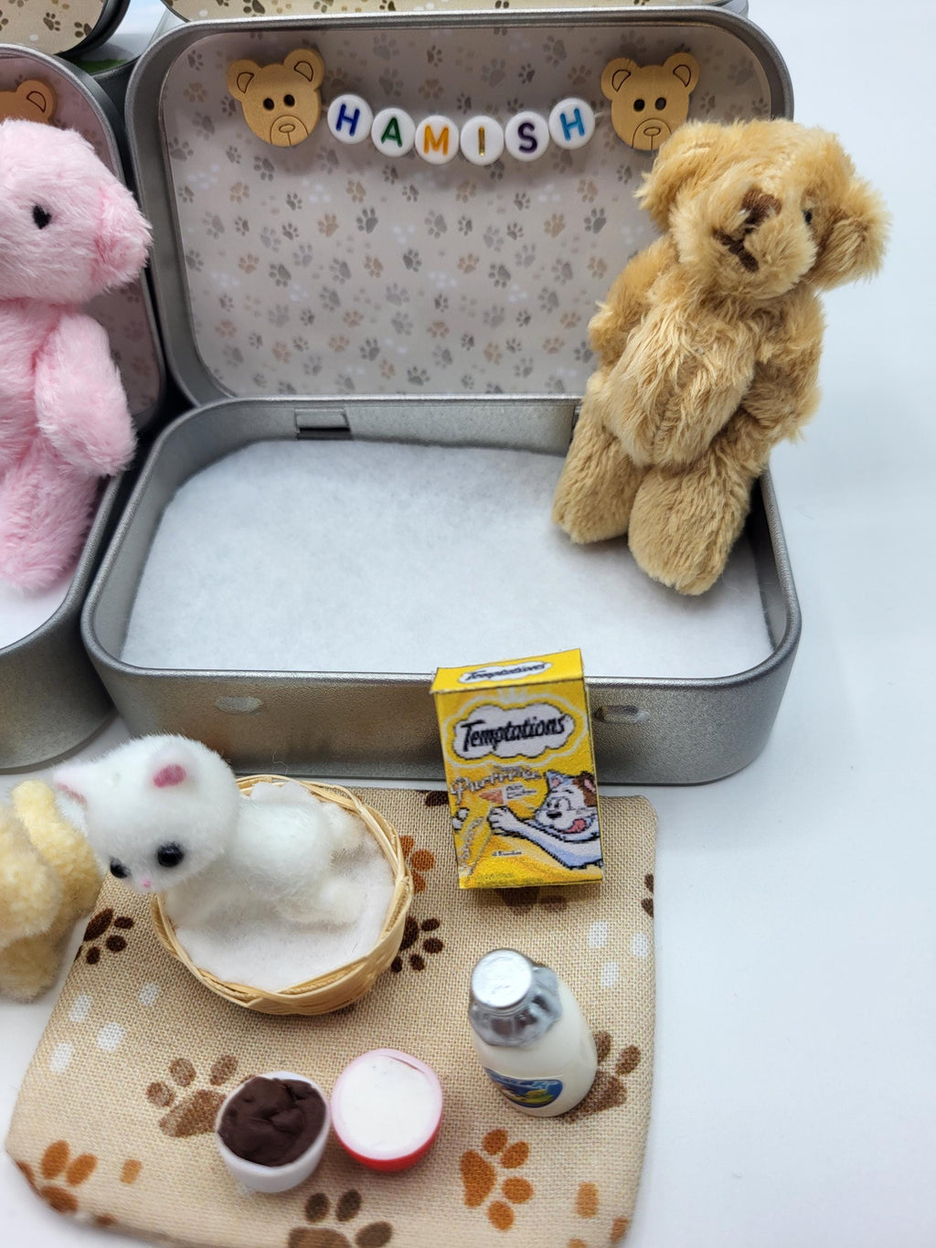Cute Personalised Tiny Teddy or Bunny Play Set with Puppy or Kitten, includes Basket, Blanket, Food & Drink Bowls, Toy, Cat Milk, Pet Treats