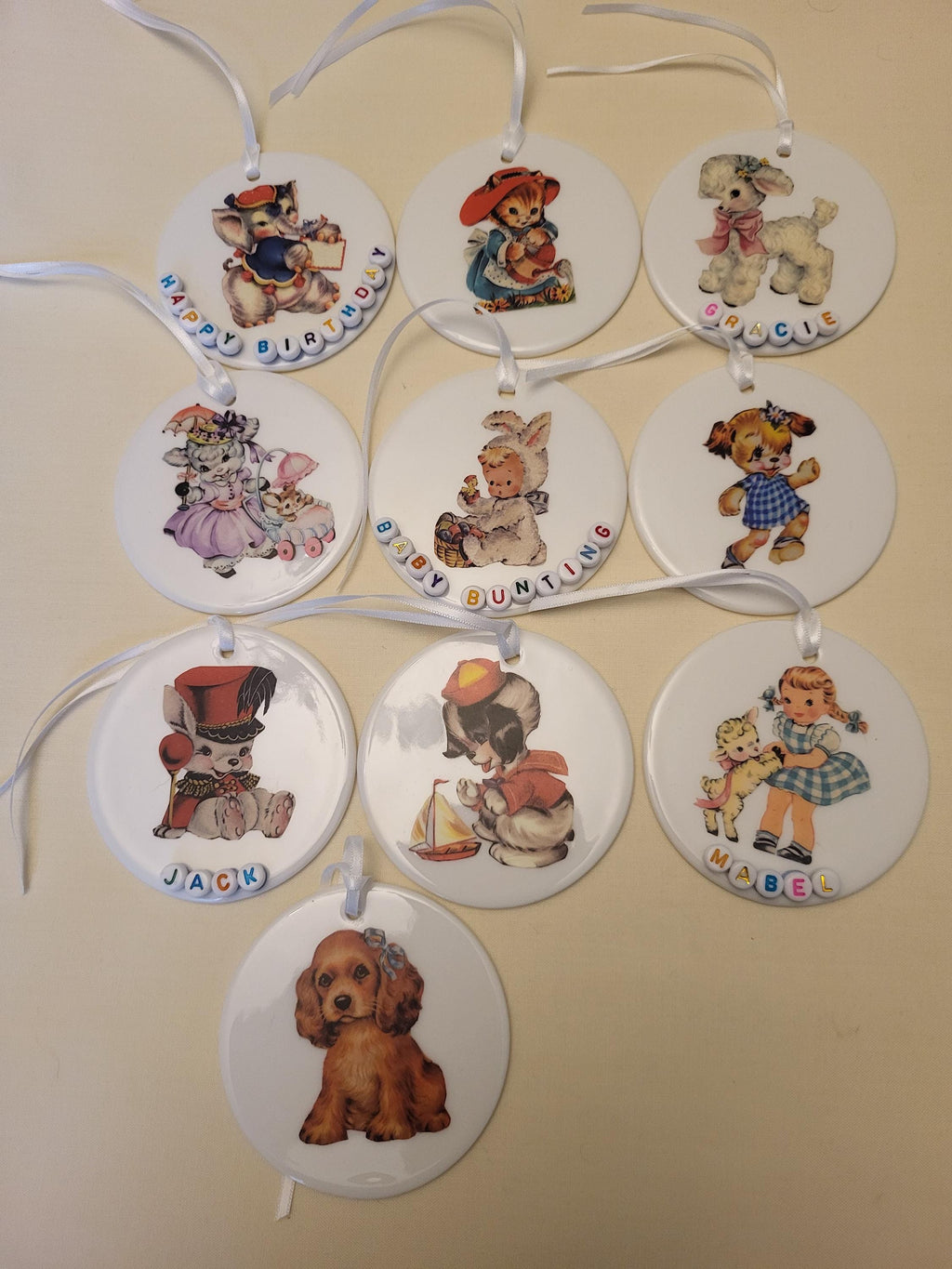 Personalized Ceramic Nursery Tag: Retro Kitsch Wall Hanging