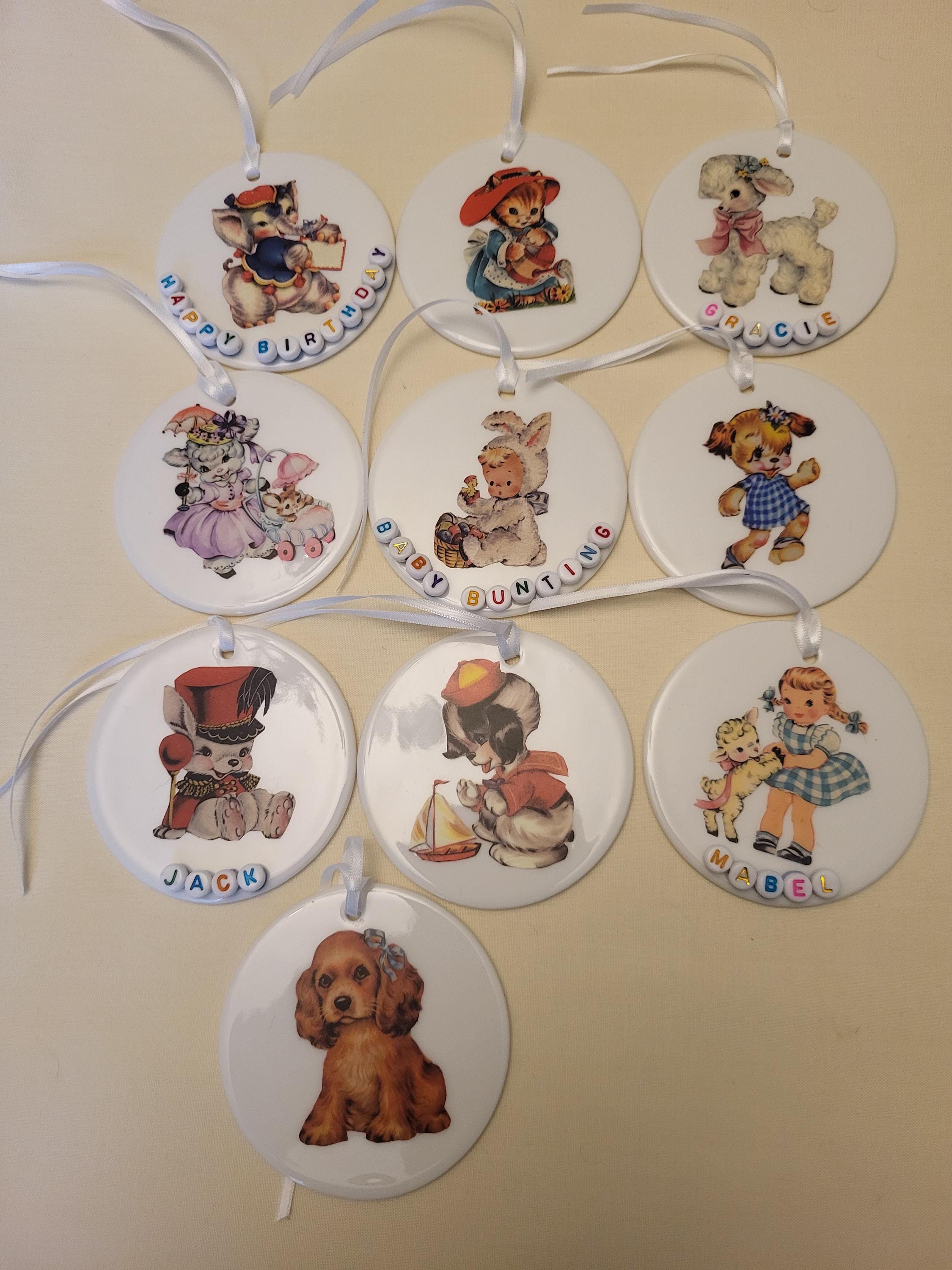 Personalized Ceramic Nursery Tag: Retro Kitsch Wall Hanging