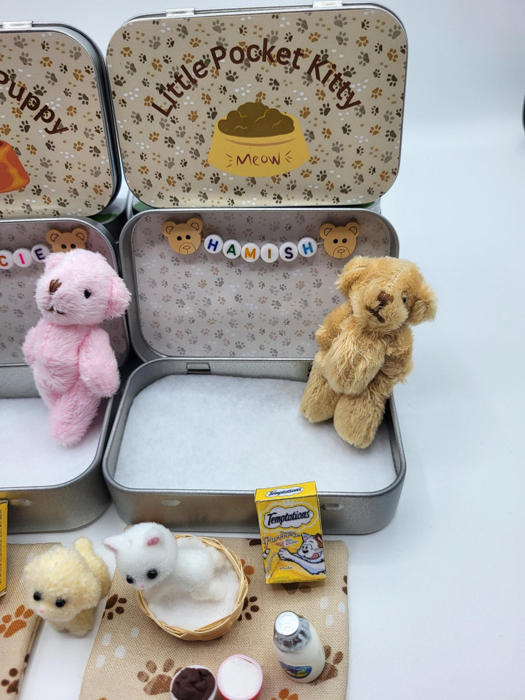 Cute Personalised Tiny Teddy or Bunny Play Set with Puppy or Kitten, includes Basket, Blanket, Food & Drink Bowls, Toy, Cat Milk, Pet Treats