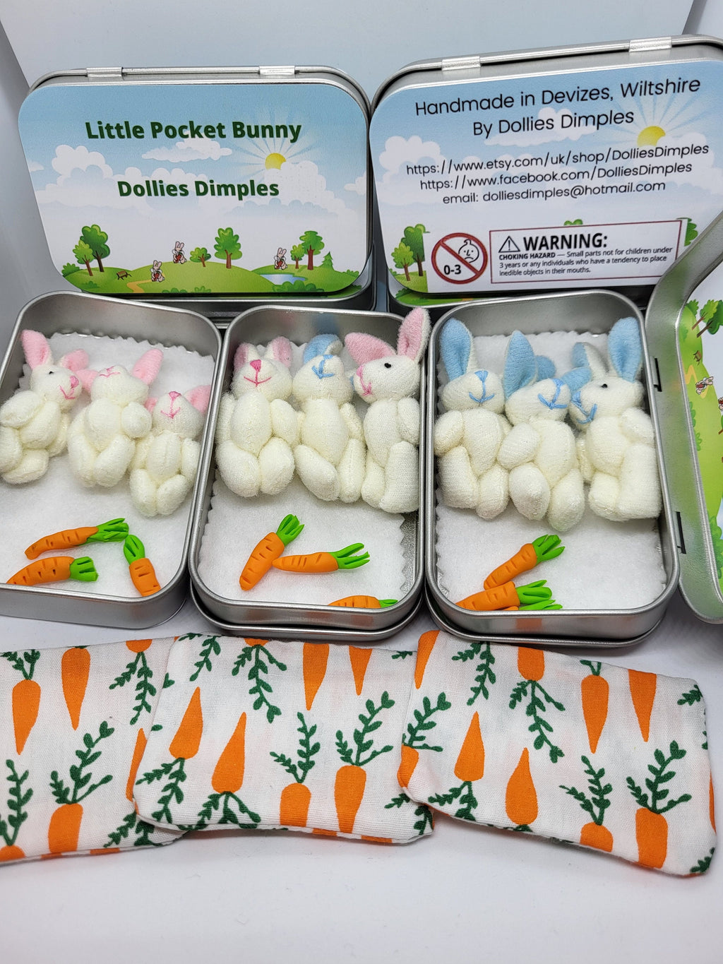 Easter Pocket Tin Bunnies: personalised Twin/Triplet Miniature Plush Toys
