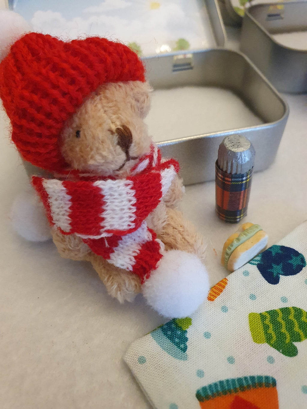 Pocket Teddy Bear Gift Tin: winter walk hiker with flask and sandwich