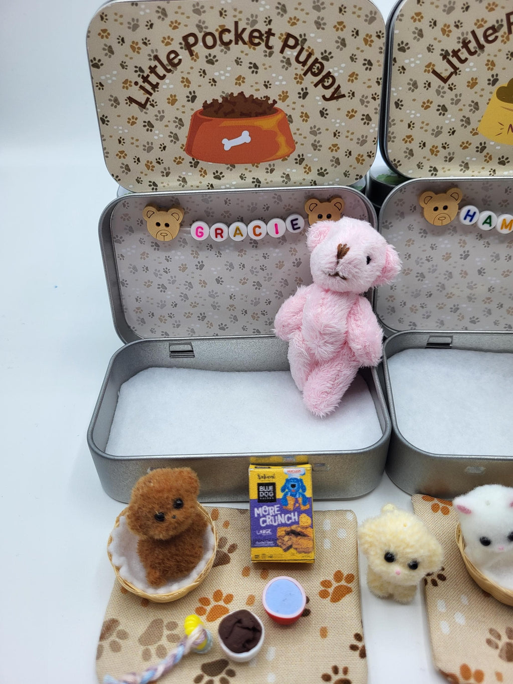 Cute Personalised Tiny Teddy or Bunny Play Set with Puppy or Kitten, includes Basket, Blanket, Food & Drink Bowls, Toy, Cat Milk, Pet Treats