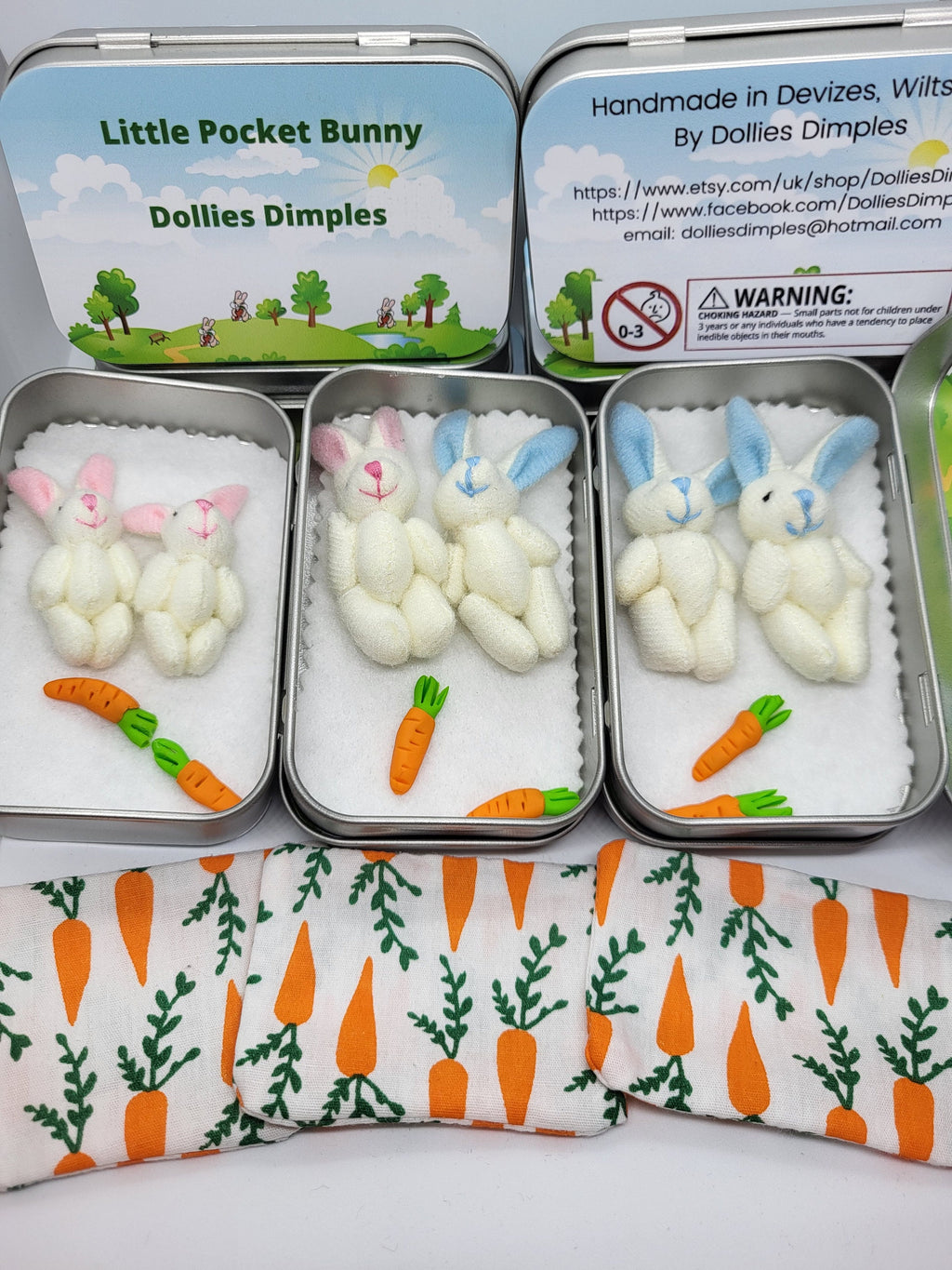 Easter Pocket Tin Bunnies: personalised Twin/Triplet Miniature Plush Toys