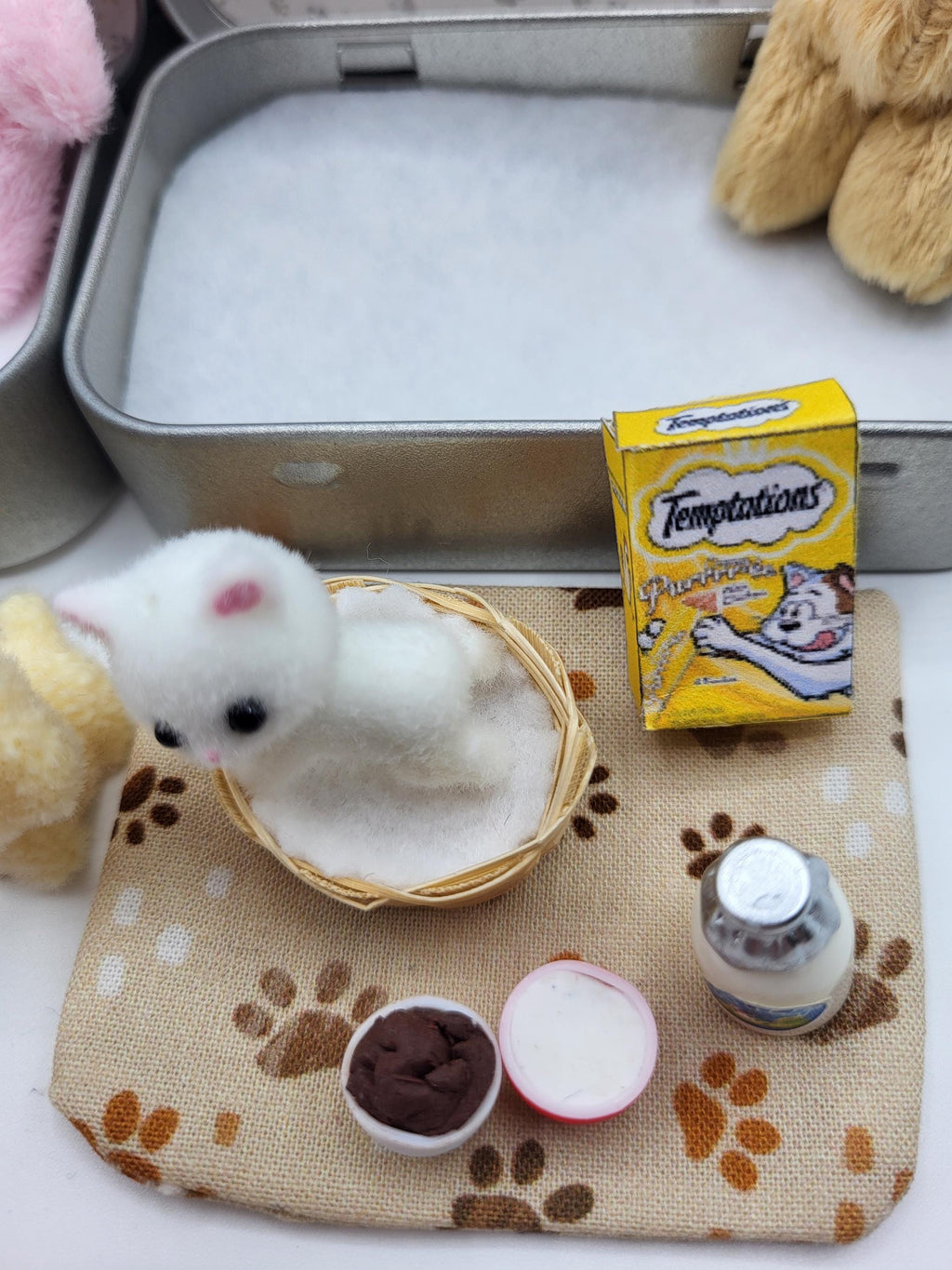 Cute Personalised Tiny Teddy or Bunny Play Set with Puppy or Kitten, includes Basket, Blanket, Food & Drink Bowls, Toy, Cat Milk, Pet Treats