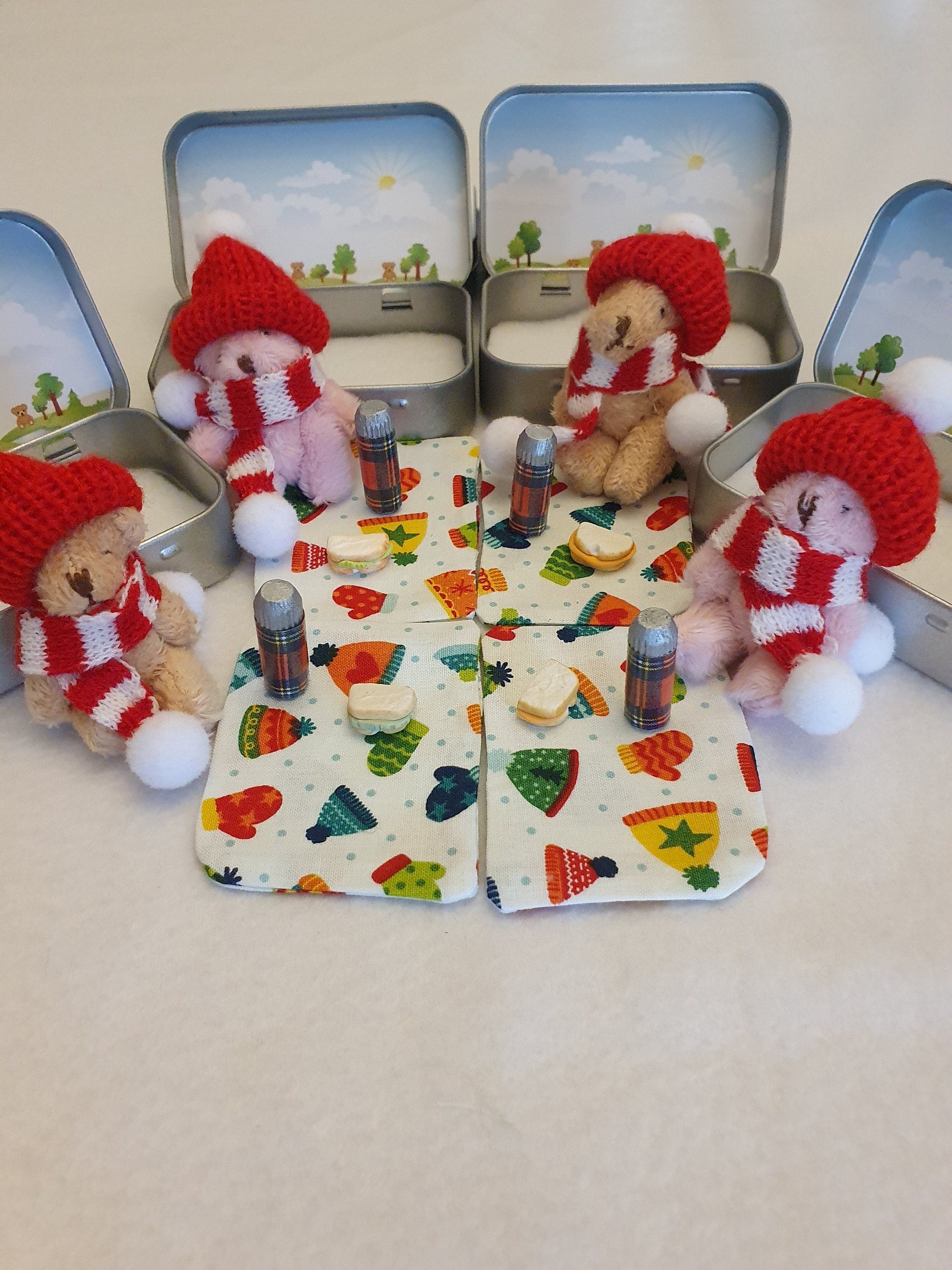 Pocket Teddy Bear Gift Tin: winter walk hiker with flask and sandwich