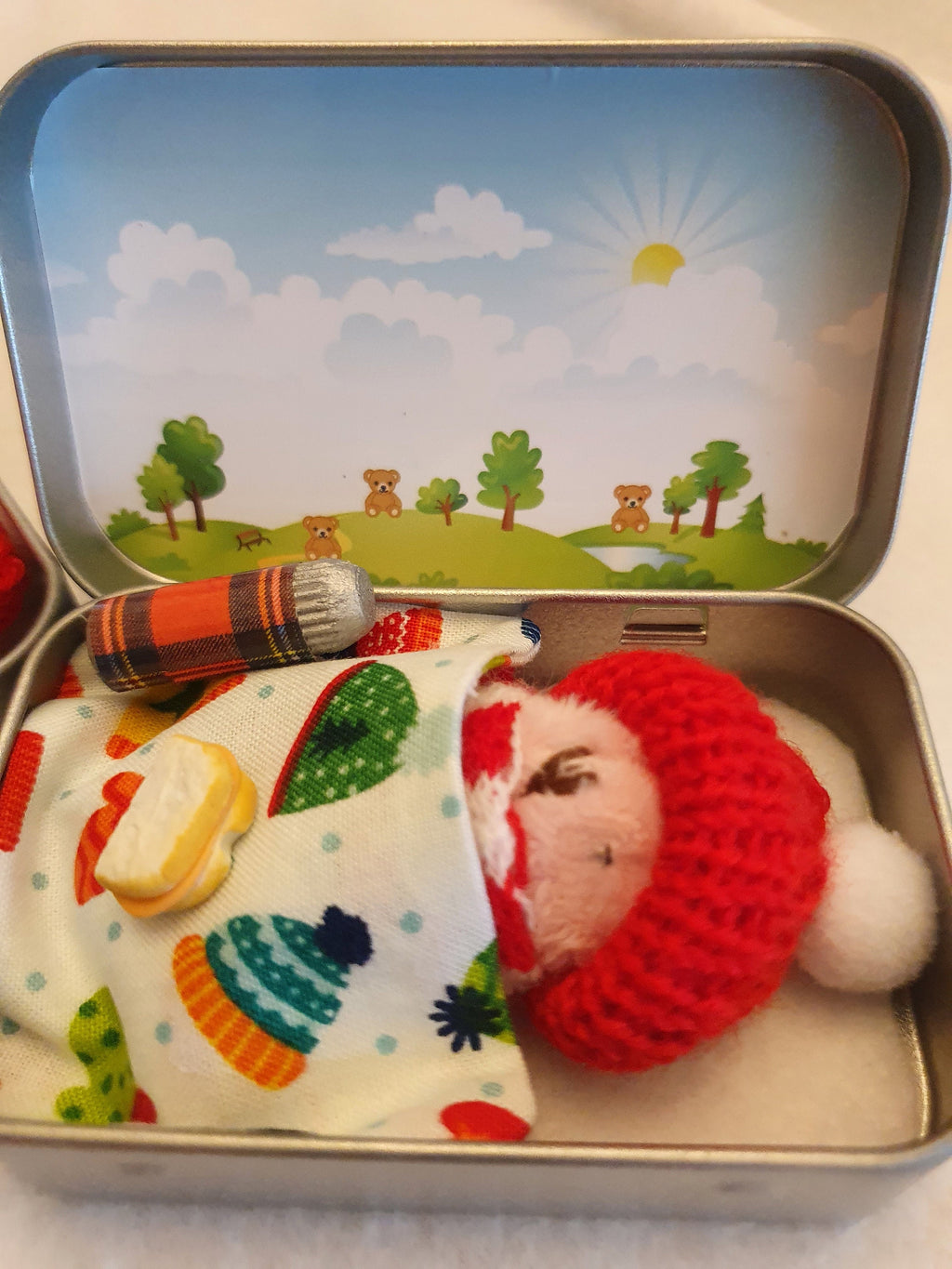 Pocket Teddy Bear Gift Tin: winter walk hiker with flask and sandwich