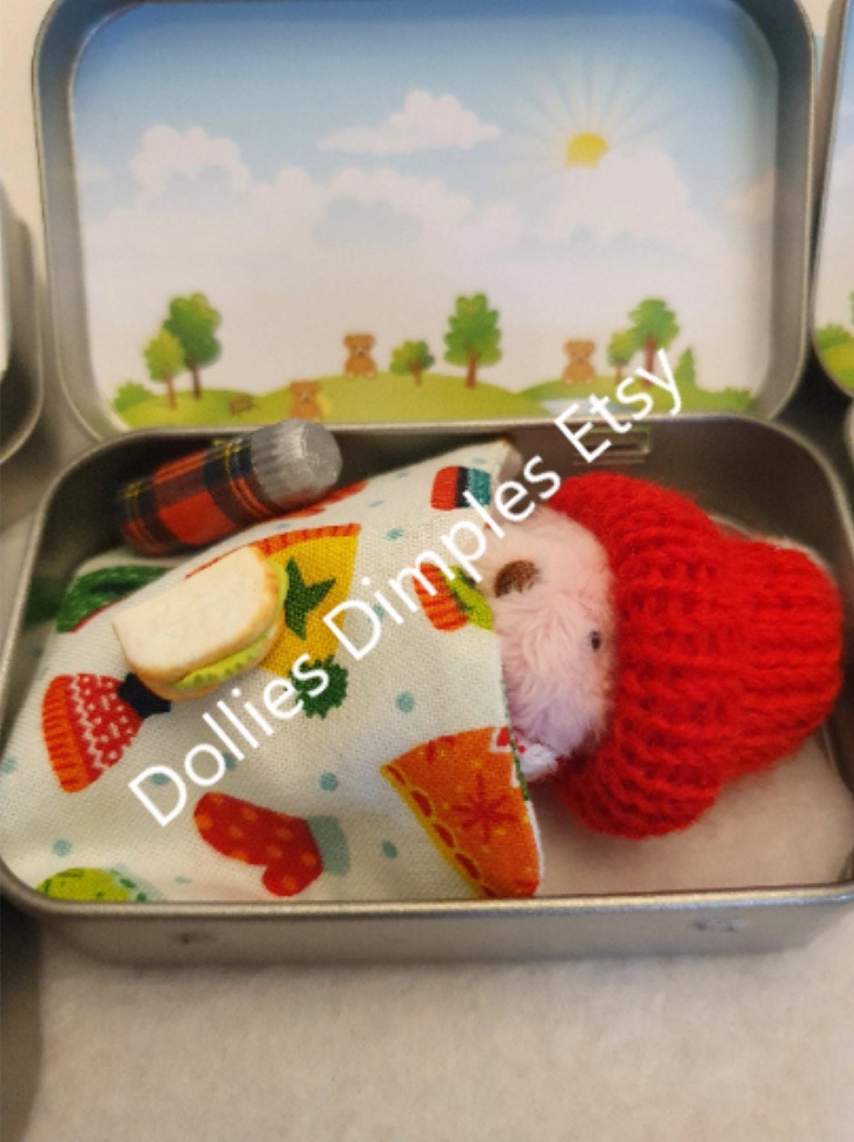 Pocket Teddy Bear Gift Tin: winter walk hiker with flask and sandwich