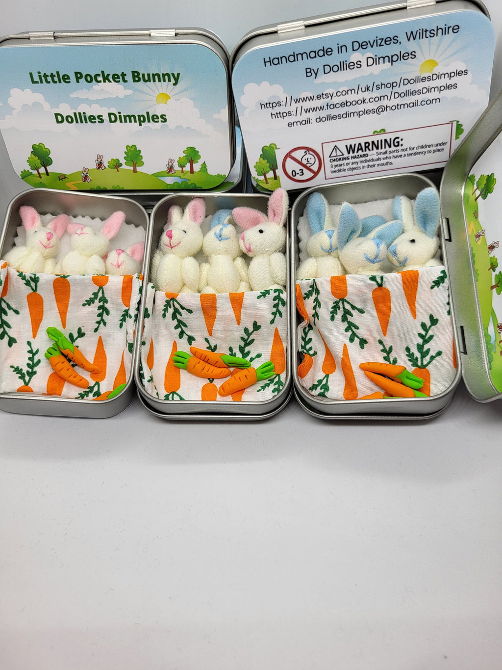 Easter Pocket Tin Bunnies: personalised Twin/Triplet Miniature Plush Toys