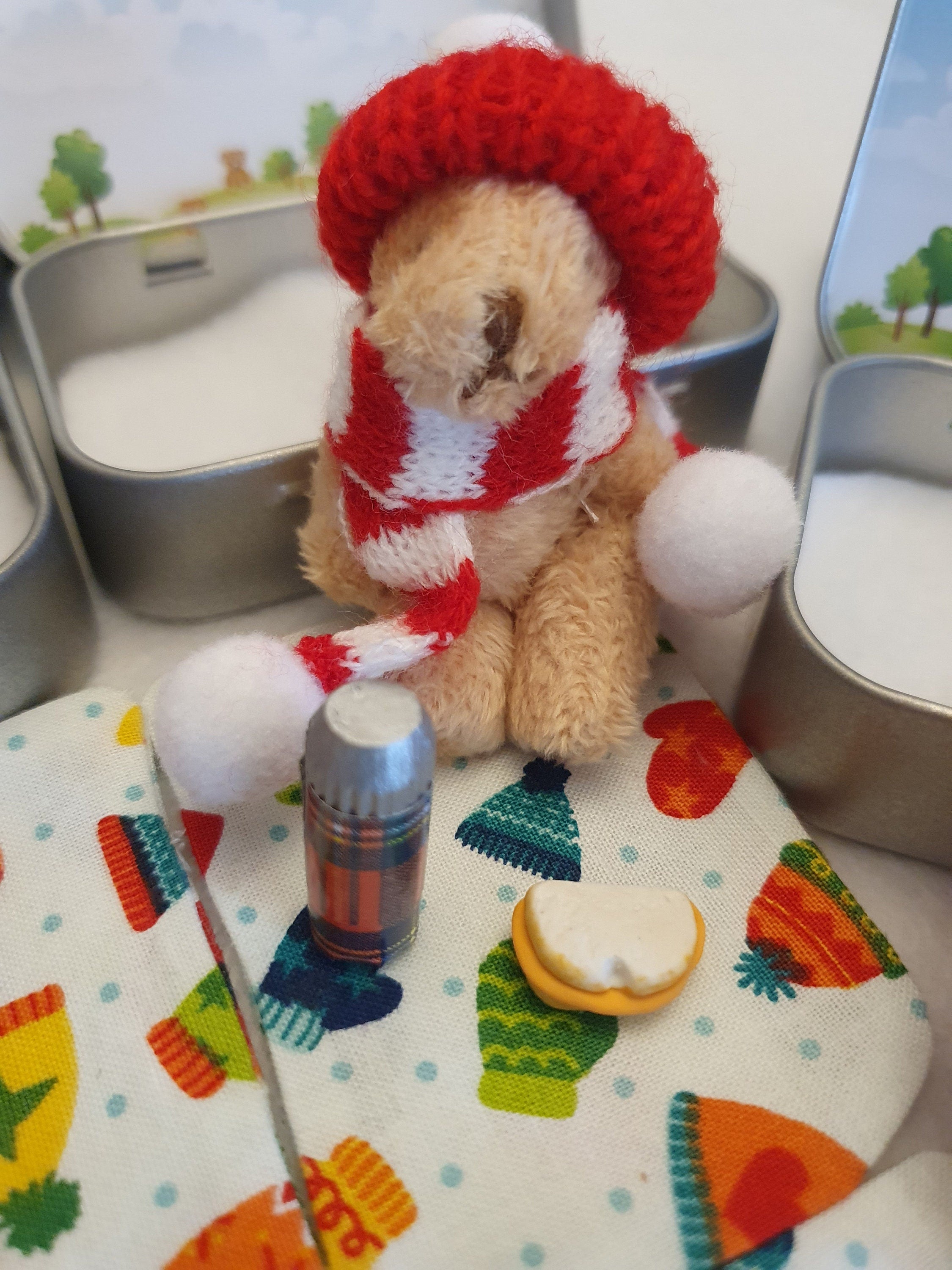 Pocket Teddy Bear Gift Tin: winter walk hiker with flask and sandwich