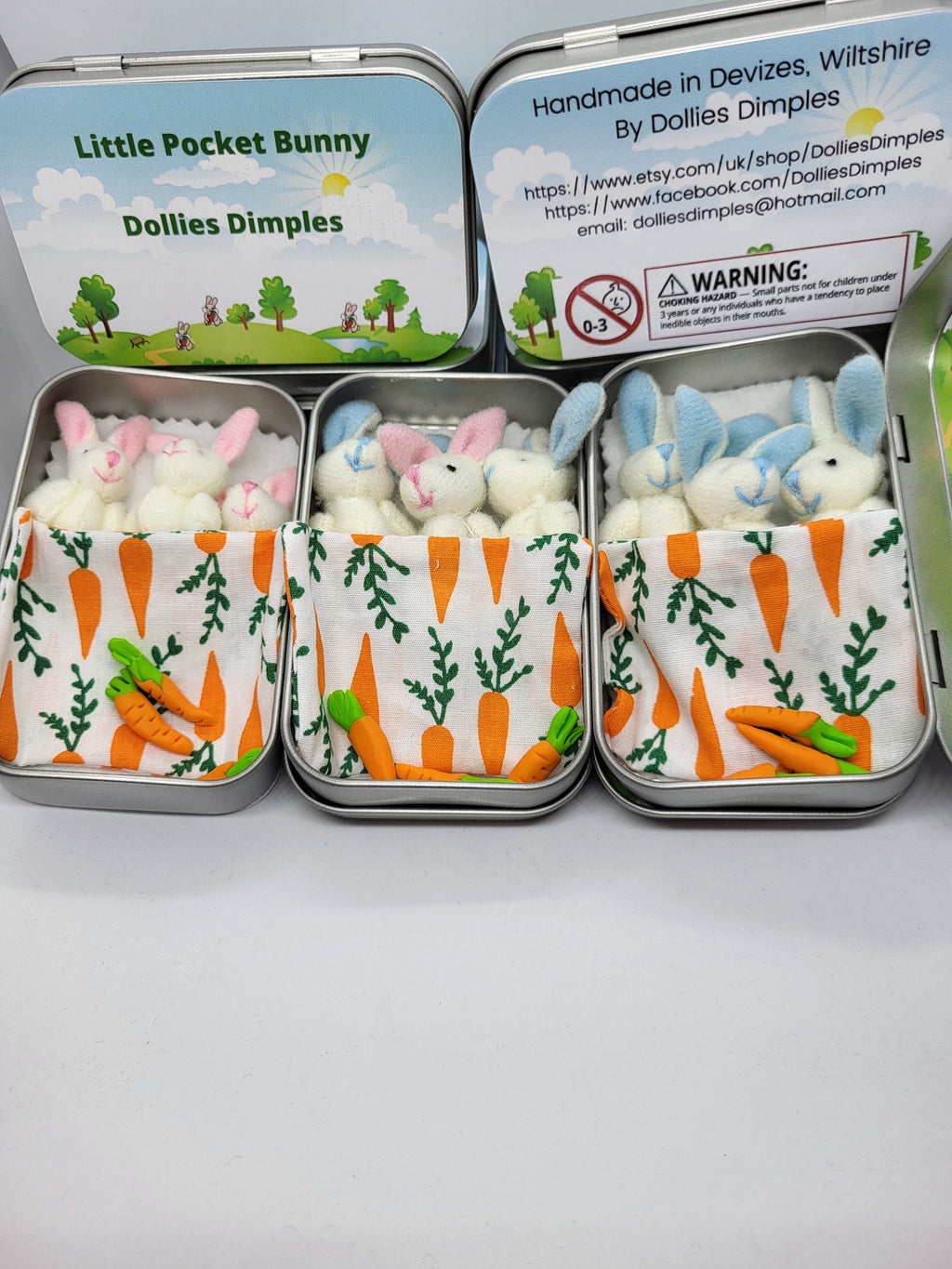 Easter Pocket Tin Bunnies: personalised Twin/Triplet Miniature Plush Toys