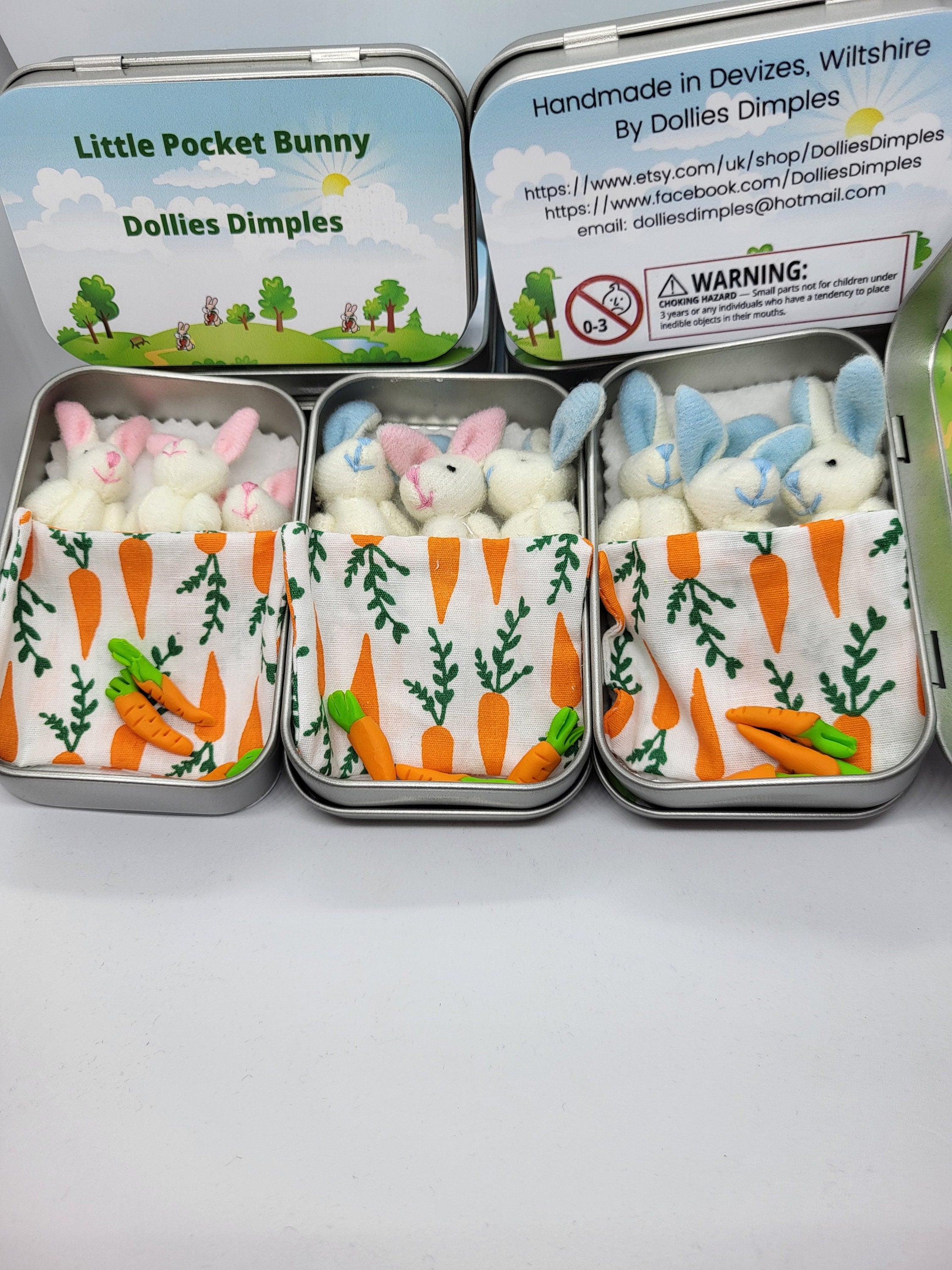 Easter Pocket Tin Bunnies: personalised Twin/Triplet Miniature Plush Toys