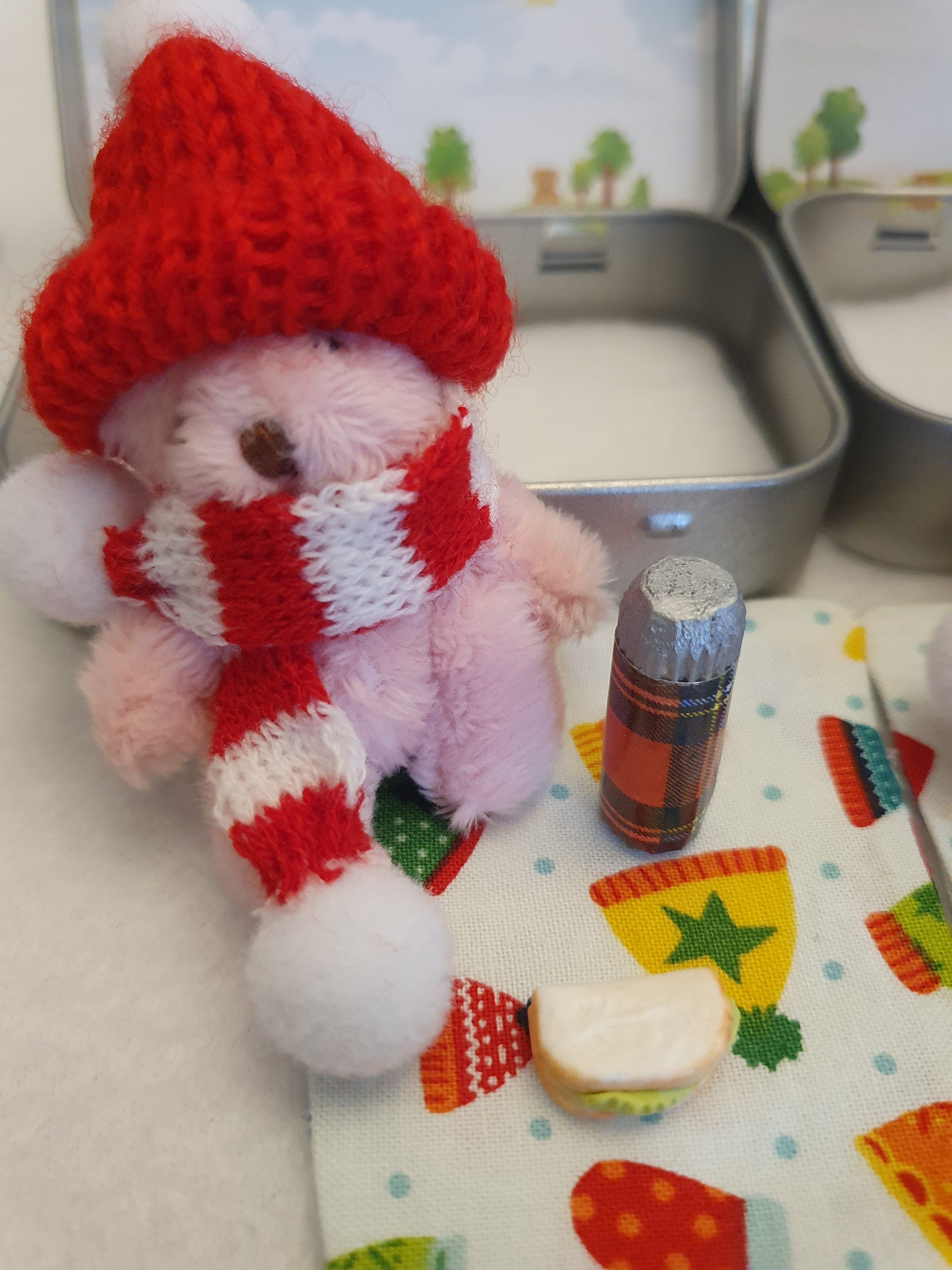 Pocket Teddy Bear Gift Tin: winter walk hiker with flask and sandwich