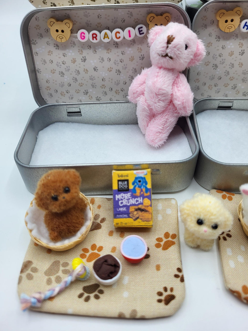 Cute Personalised Tiny Teddy or Bunny Play Set with Puppy or Kitten, includes Basket, Blanket, Food & Drink Bowls, Toy, Cat Milk, Pet Treats