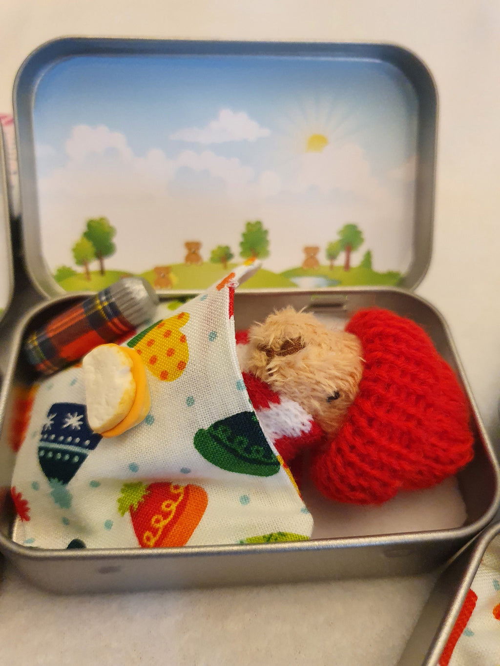Pocket Teddy Bear Gift Tin: winter walk hiker with flask and sandwich