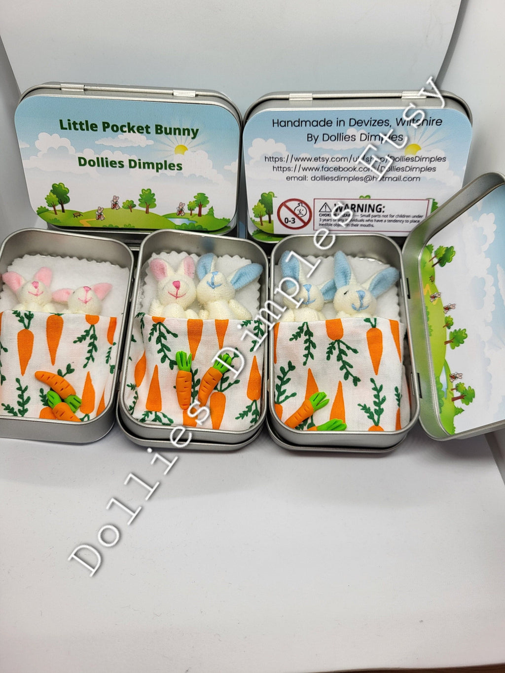 Easter Pocket Tin Bunnies: personalised Twin/Triplet Miniature Plush Toys